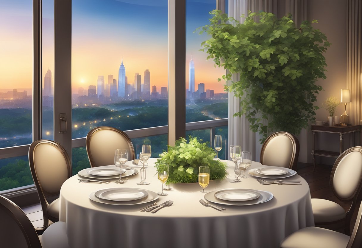 A table set with elegant dinnerware, surrounded by soft lighting and lush greenery, with a view of the city skyline through floor-to-ceiling windows