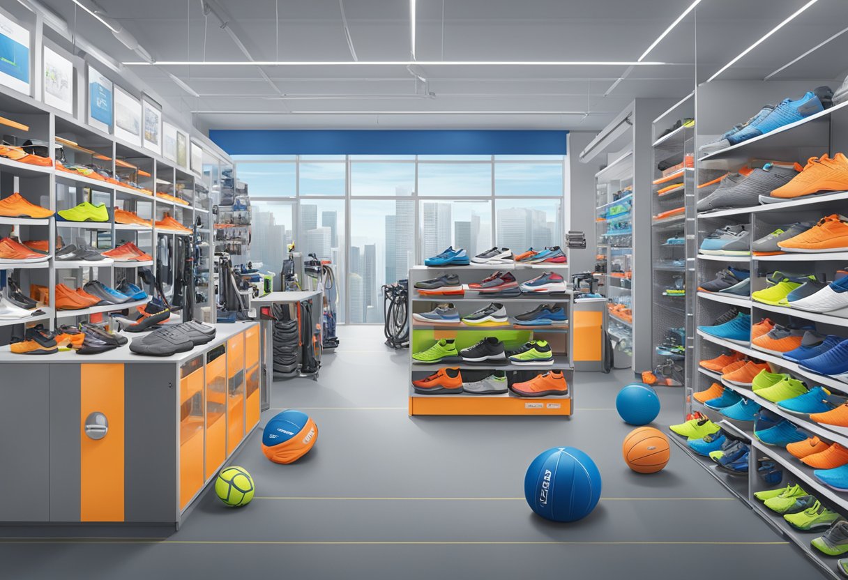 A bustling lab at Decathlon Singapore, showcasing a range of sports equipment and gear. Displayed products include running shoes, cycling helmets, yoga mats, and more