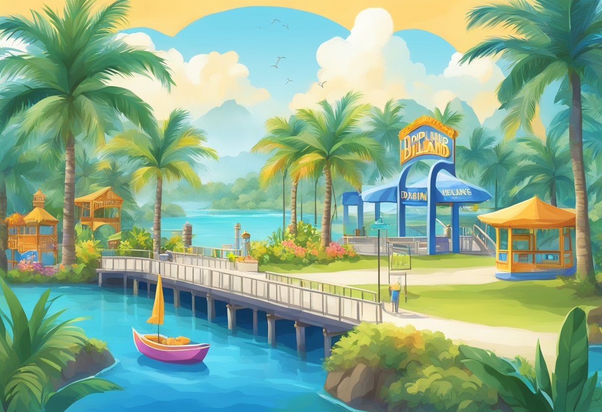 A colorful sign welcomes visitors to Dolphin Island, Singapore, with palm trees and clear blue waters in the background