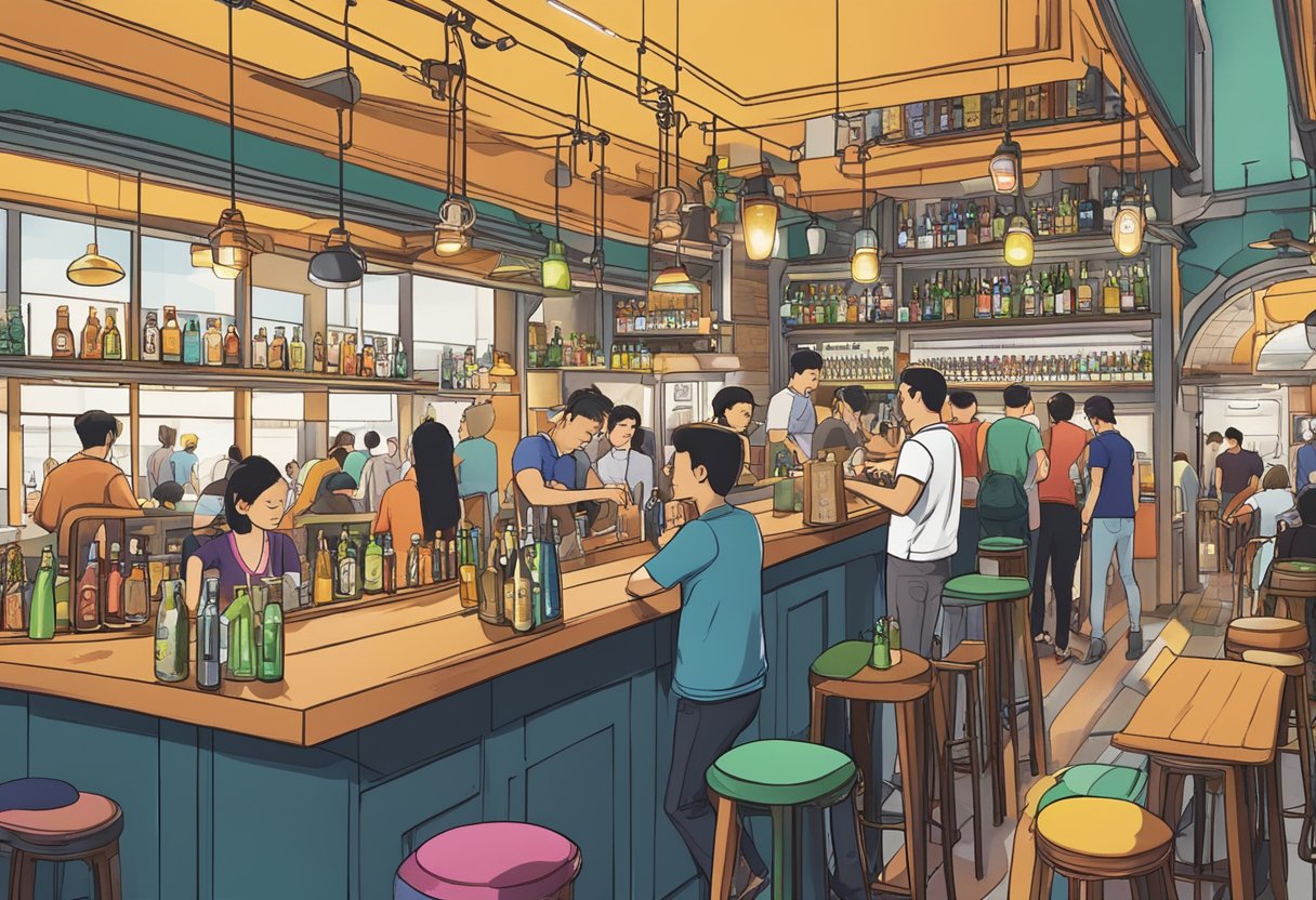 A bustling craft beer bar in Singapore, with colorful taps and a diverse crowd enjoying their drinks