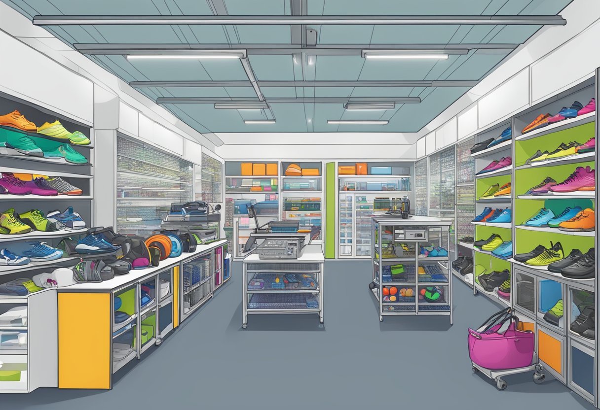 A bustling lab in Kallang, Singapore, with a display of Frequently Asked Questions about the Decathlon store, showcasing various sports equipment and gear