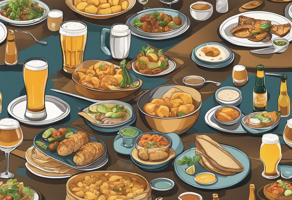 A table set with various dishes and a selection of craft beers arranged neatly next to each dish