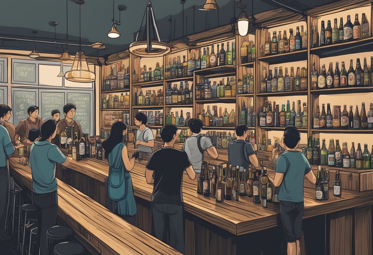 A crowded craft beer bar in Singapore with shelves of bottles and taps, customers chatting and tasting, and a chalkboard listing frequently asked questions about the different beers available