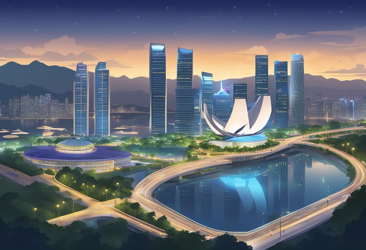 The serene cityscape of Singapore at imsak, with glowing lights and a peaceful atmosphere