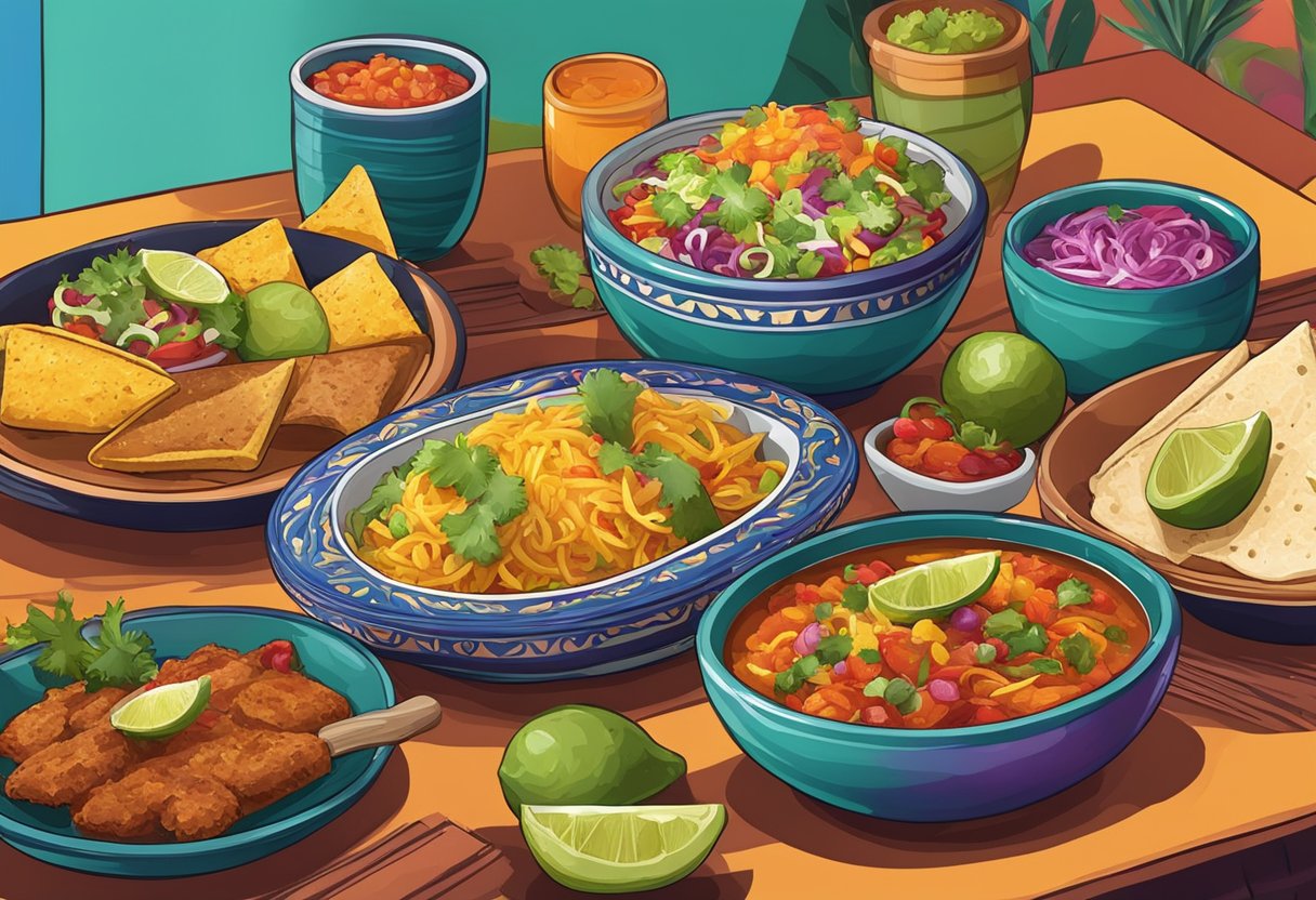 A table set with colorful Mexican dishes in a vibrant Singaporean restaurant