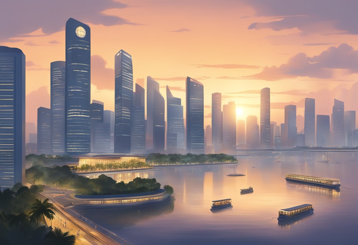 The scene depicts a serene Singaporean skyline at dawn, with the light of the rising sun casting a warm glow over the cityscape, as the call to prayer fills the air
