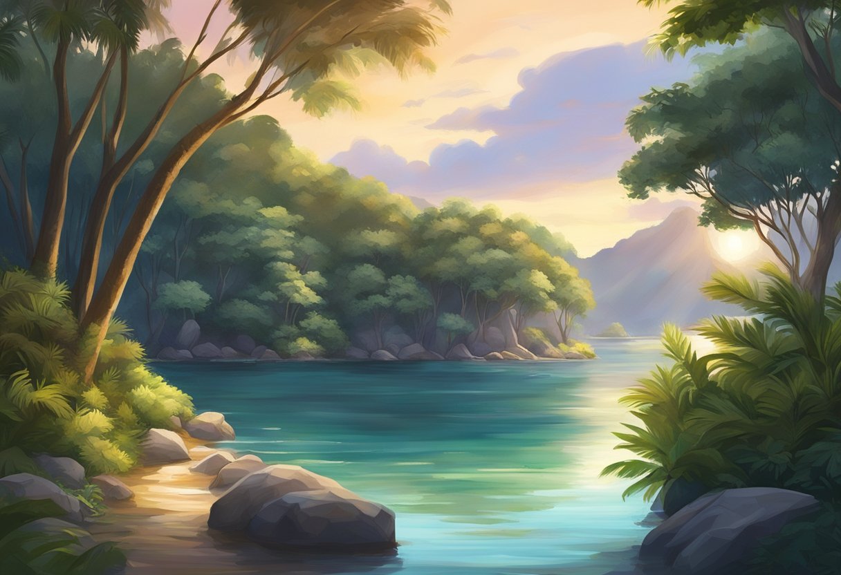 A serene cove in Singapore, with crystal-clear waters and lush greenery surrounding the tranquil bay. The sun sets in the distance, casting a warm glow over the peaceful scene