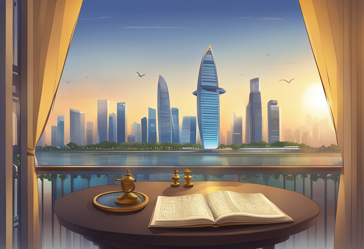 A table with daily prayer timetables and key Islamic events, set against a backdrop of the Singapore skyline at dawn