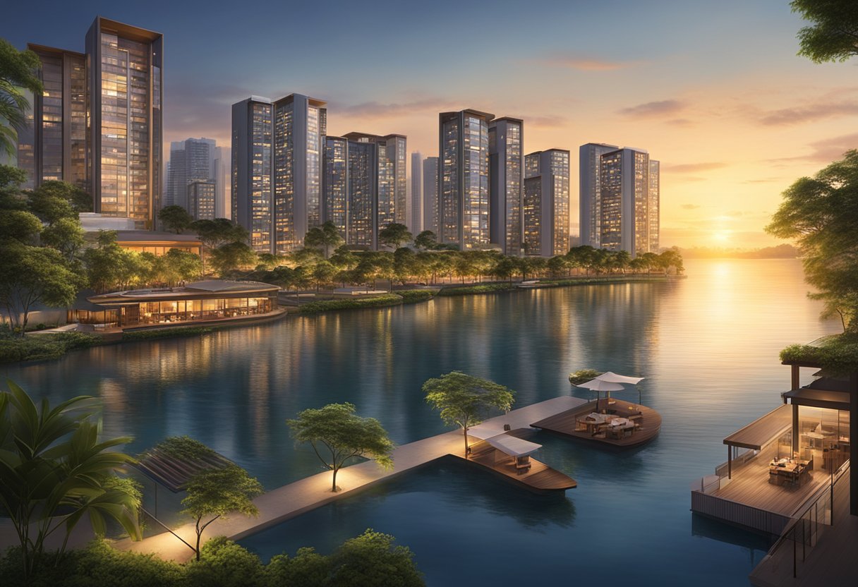 The sun sets over the calm waters of Cove Living in Singapore, casting a warm glow on the modern waterfront buildings and lush greenery