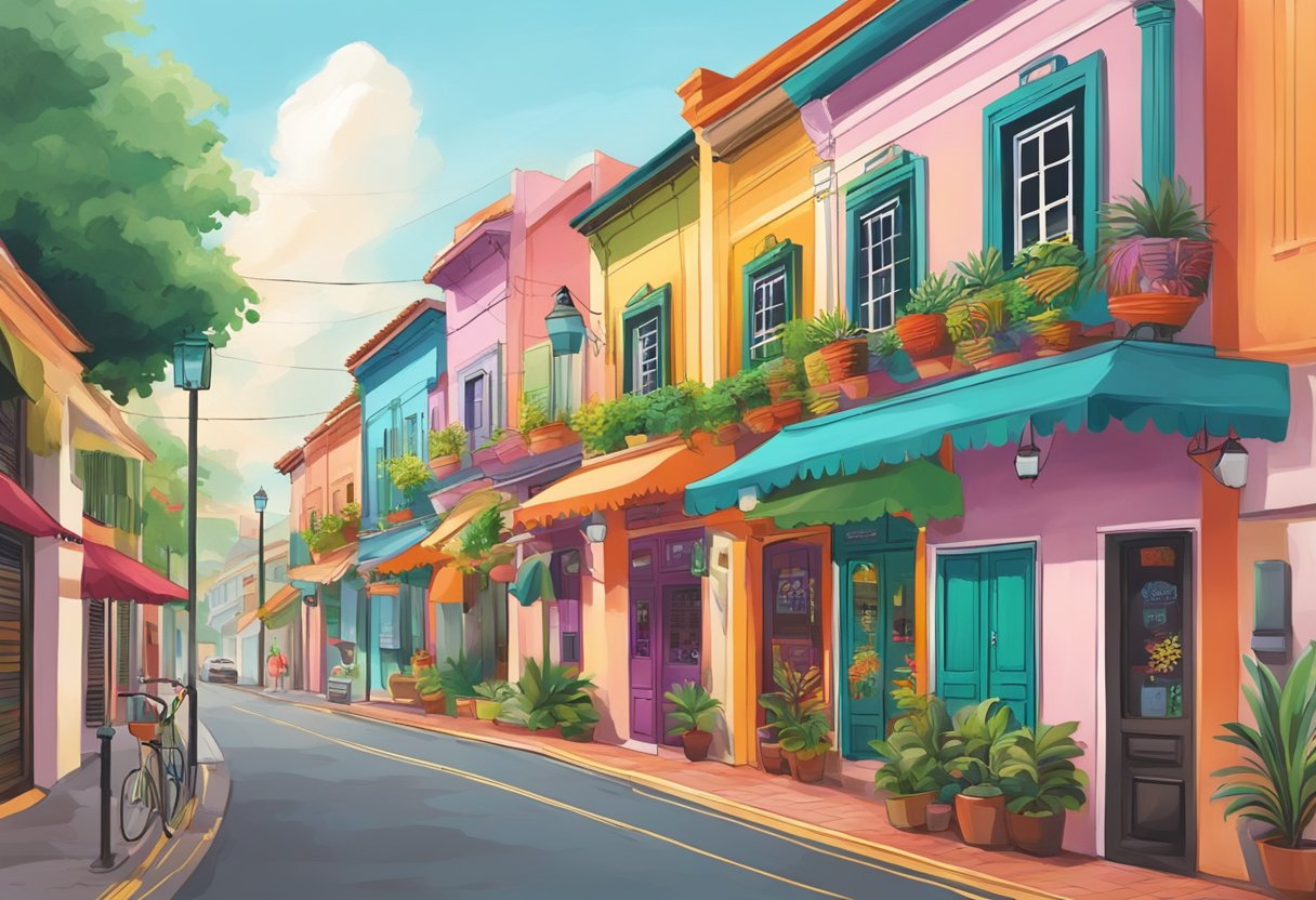 A colorful street in Singapore lined with Mexican restaurants, showcasing vibrant decor and enticing aromas of traditional Mexican cuisine