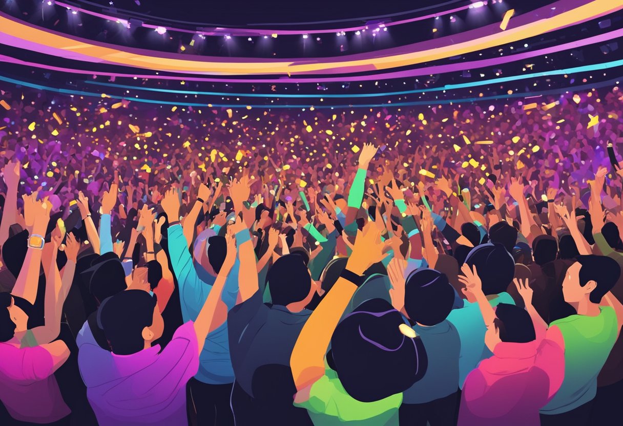 Crowd cheers at Jacky Cheung concert in Singapore. Bright stage lights illuminate the energetic performance. Fans wave glow sticks in the air