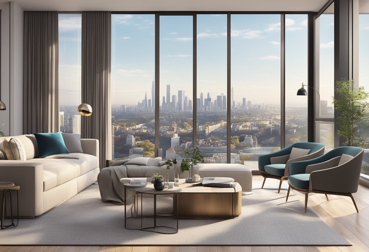 A modern, spacious apartment with sleek furnishings and a panoramic view of the city skyline from the floor-to-ceiling windows