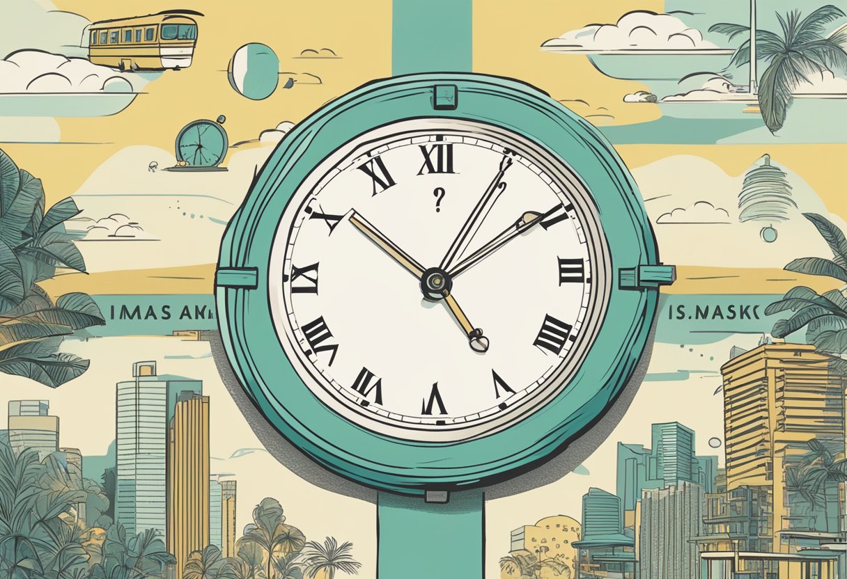 A clock showing the time of imsak in Singapore, with a list of frequently asked questions about imsak in the background