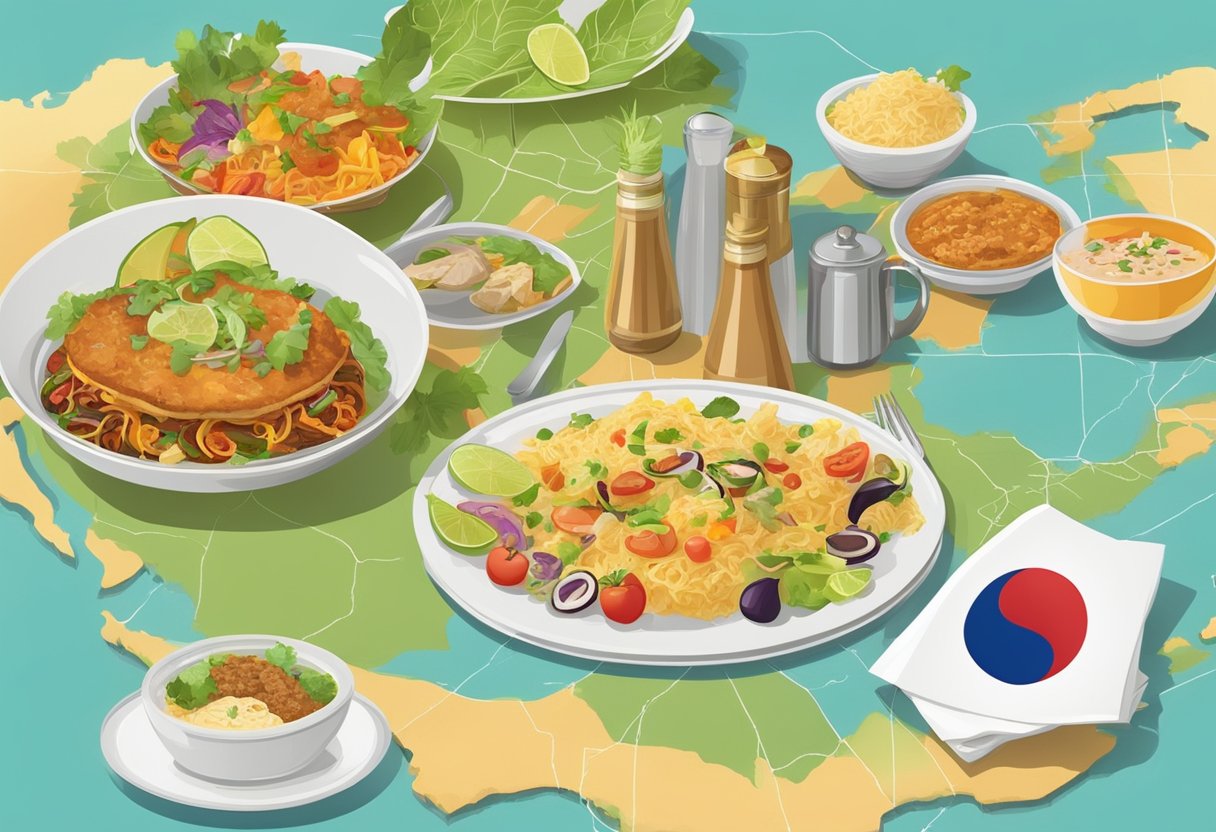 A colorful table setting with Mexican cuisine and a map of Singapore for practical information