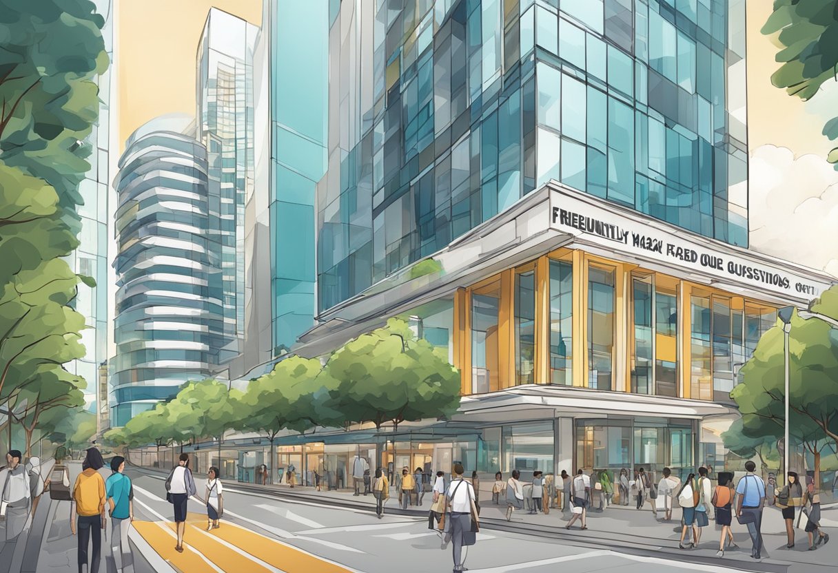 A bustling city street with a prominent sign reading "Frequently Asked Questions" in front of a modern building in Singapore