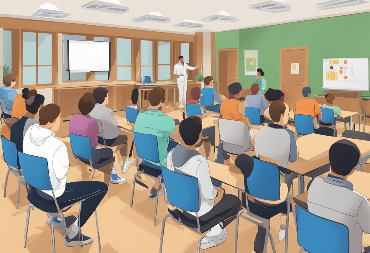 A classroom setting with a first aid instructor demonstrating techniques, while a group of students attentively looks on