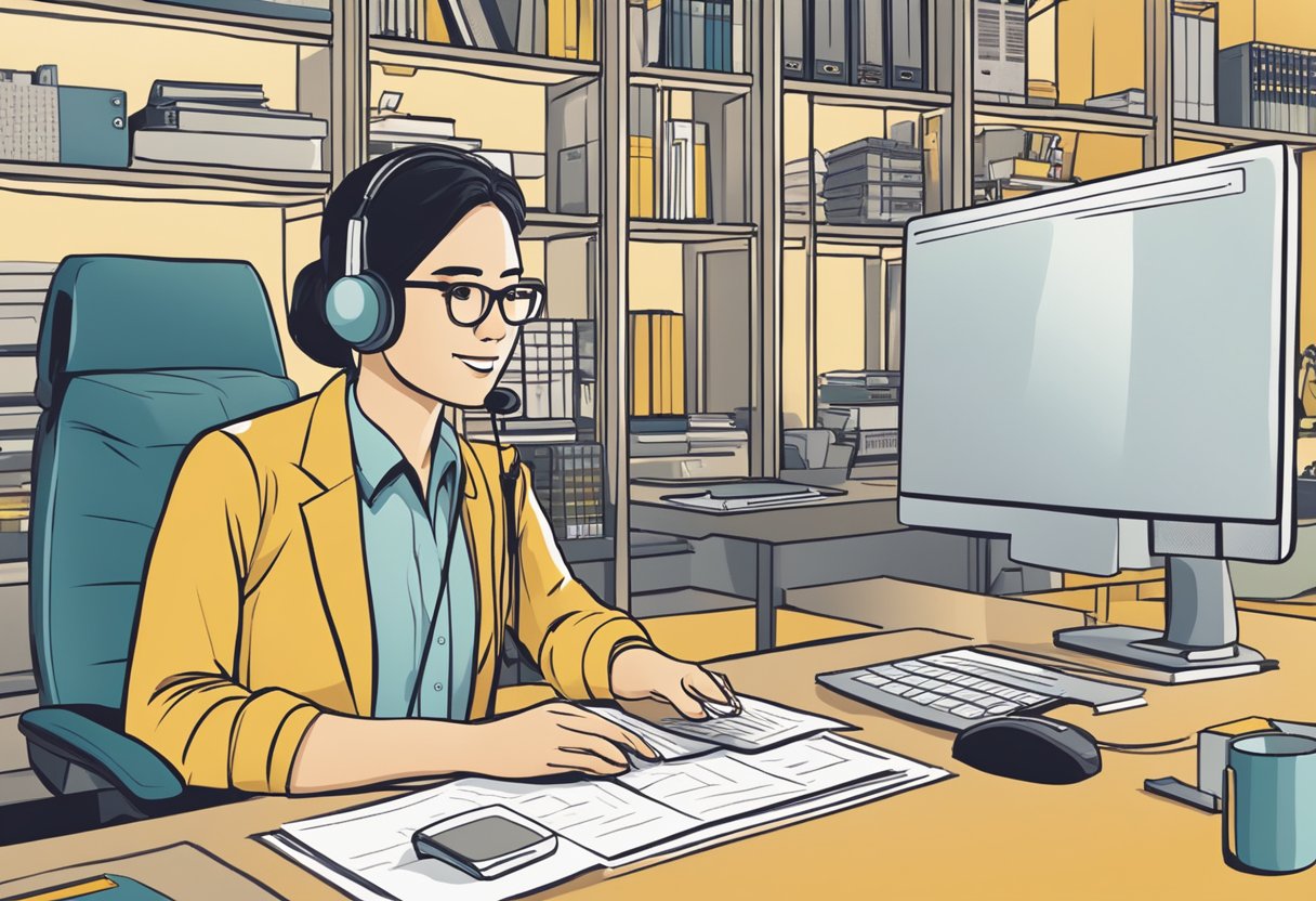 A customer service representative at a desk, surrounded by a computer, phone, and paperwork, with a sign reading "Frequently Asked Questions Citigold Singapore" displayed prominently