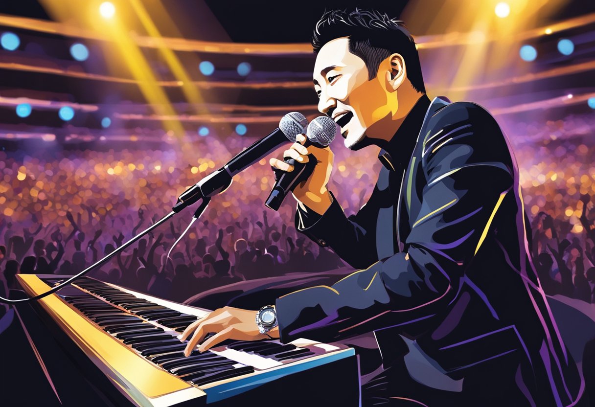 The stage is aglow with vibrant lights as Jacky Cheung performs at a concert in Singapore, captivating the audience with his powerful voice and dynamic stage presence