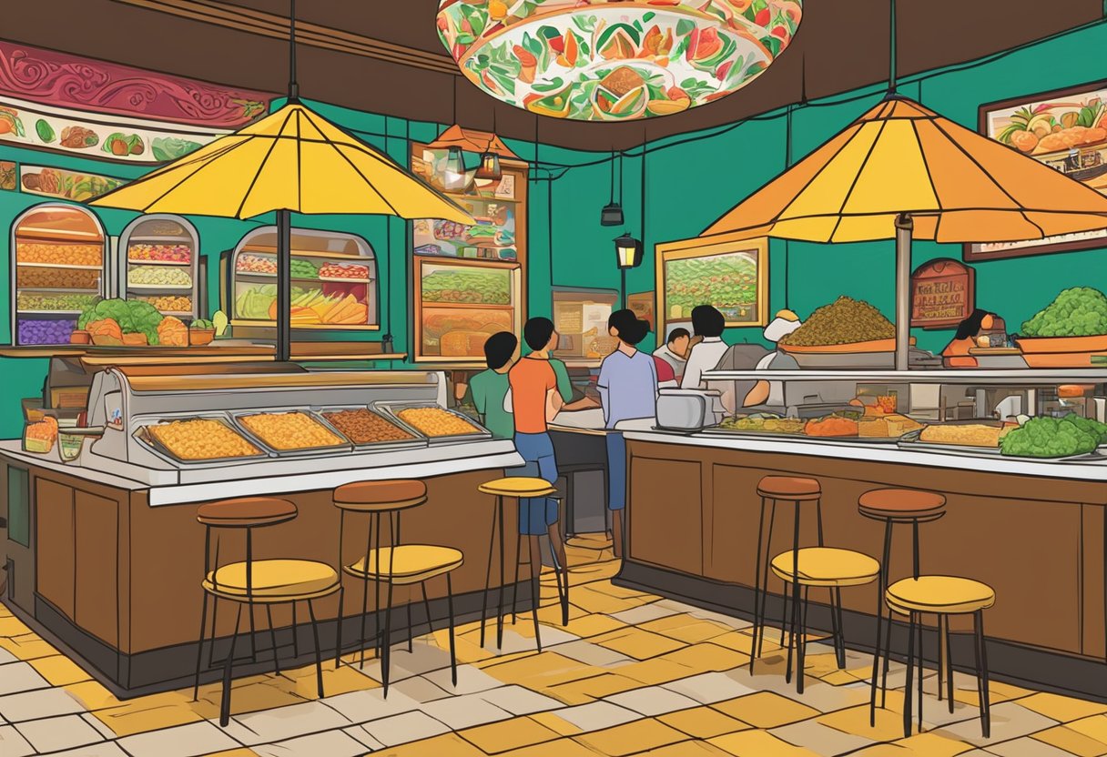 A colorful display of Mexican food items with a "Frequently Asked Questions" sign in a bustling Singapore restaurant