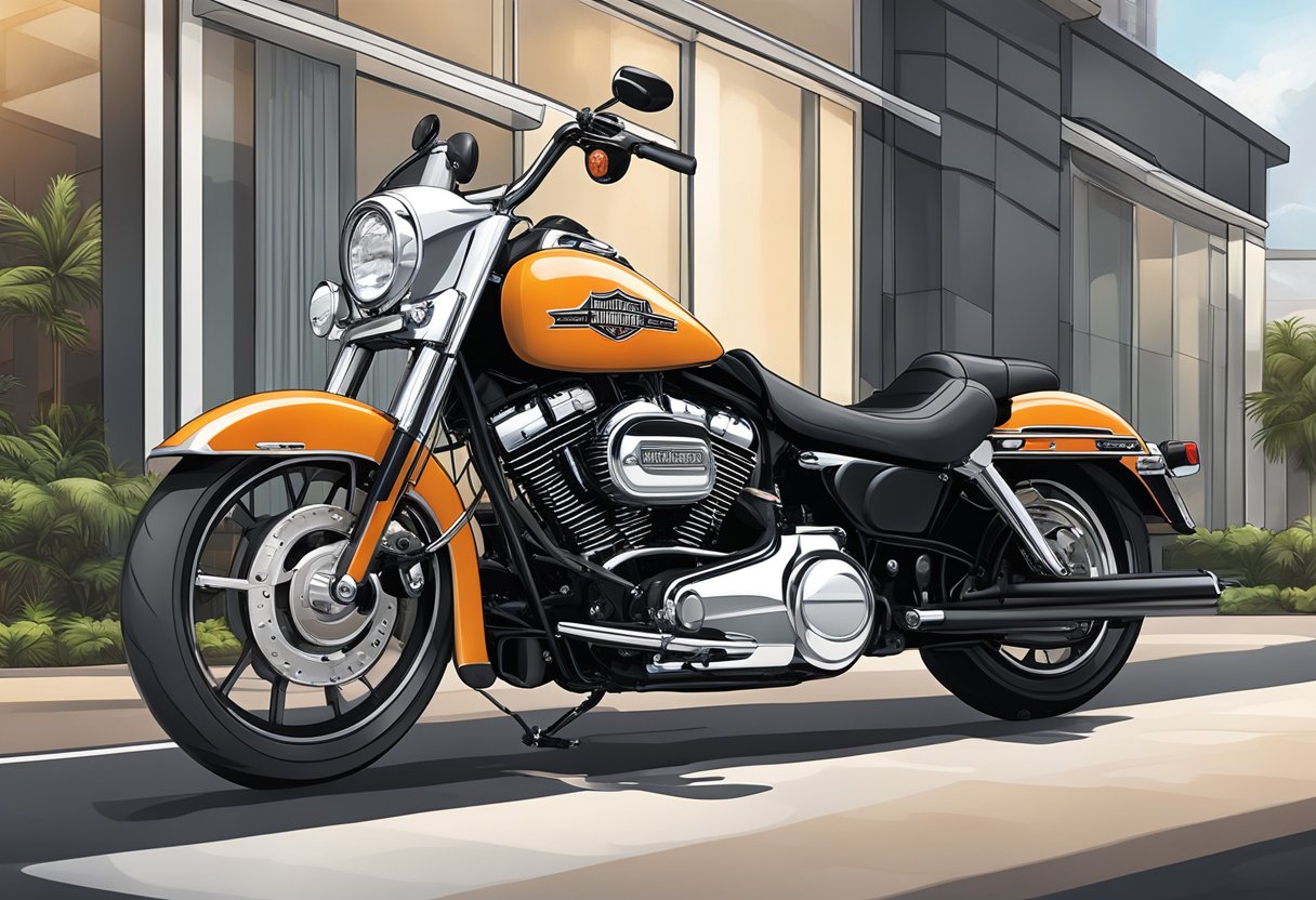 A Harley Davidson motorcycle parked outside a sleek showroom in Singapore, with the iconic logo displayed prominently