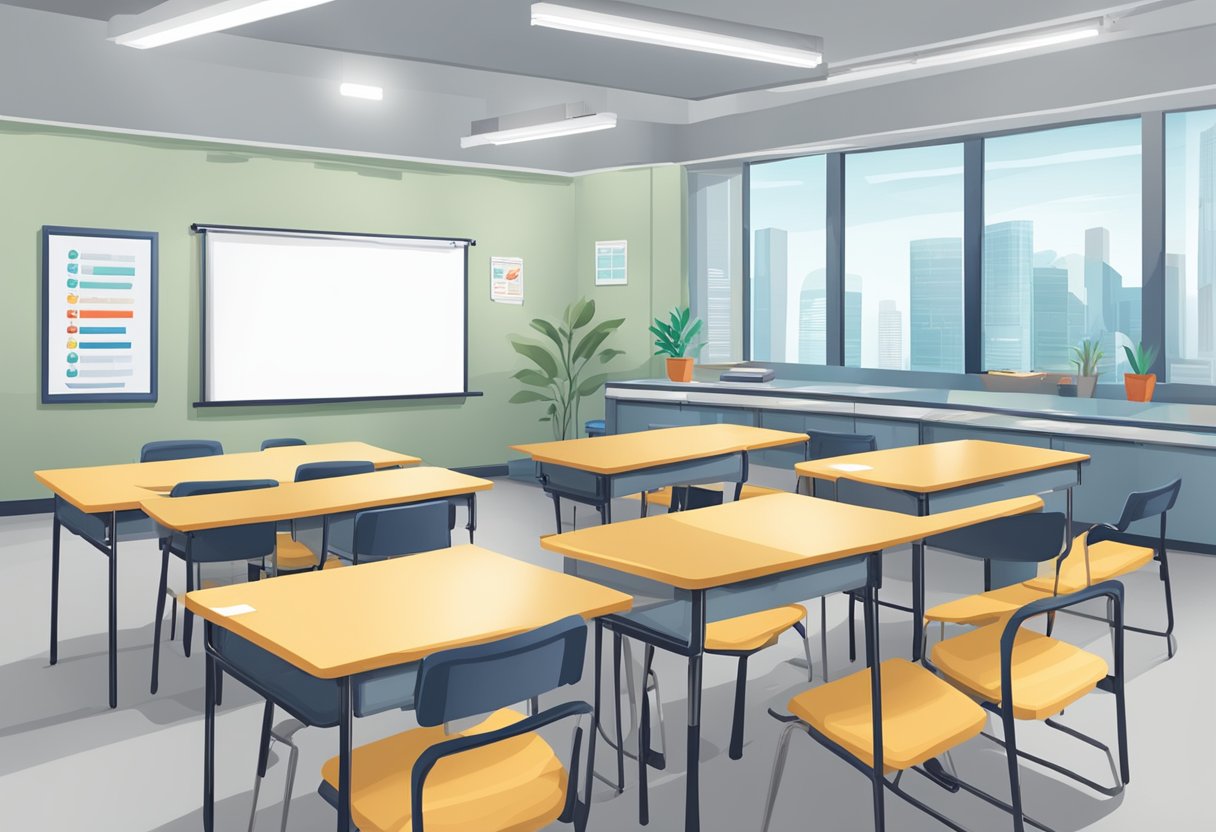 A classroom with a whiteboard, desks, and chairs. A registration table with forms and pens. A poster with "First Aid Course Singapore" displayed prominently