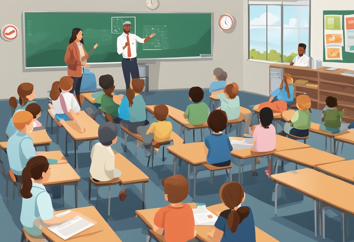 A classroom setting with a first aid instructor demonstrating techniques to a group of attentive students. Posters and visual aids are displayed on the walls
