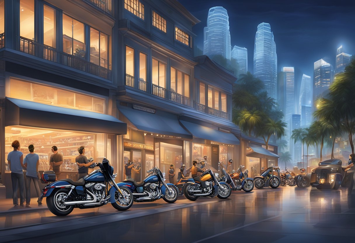 A Harley-Davidson store in Singapore, with sleek motorcycles displayed under bright lights, surrounded by enthusiastic customers and a vibrant city backdrop