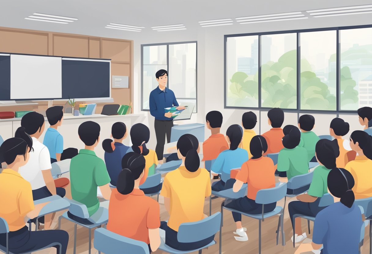 A classroom setting with a first aid instructor demonstrating techniques to a group of attentive students in Singapore