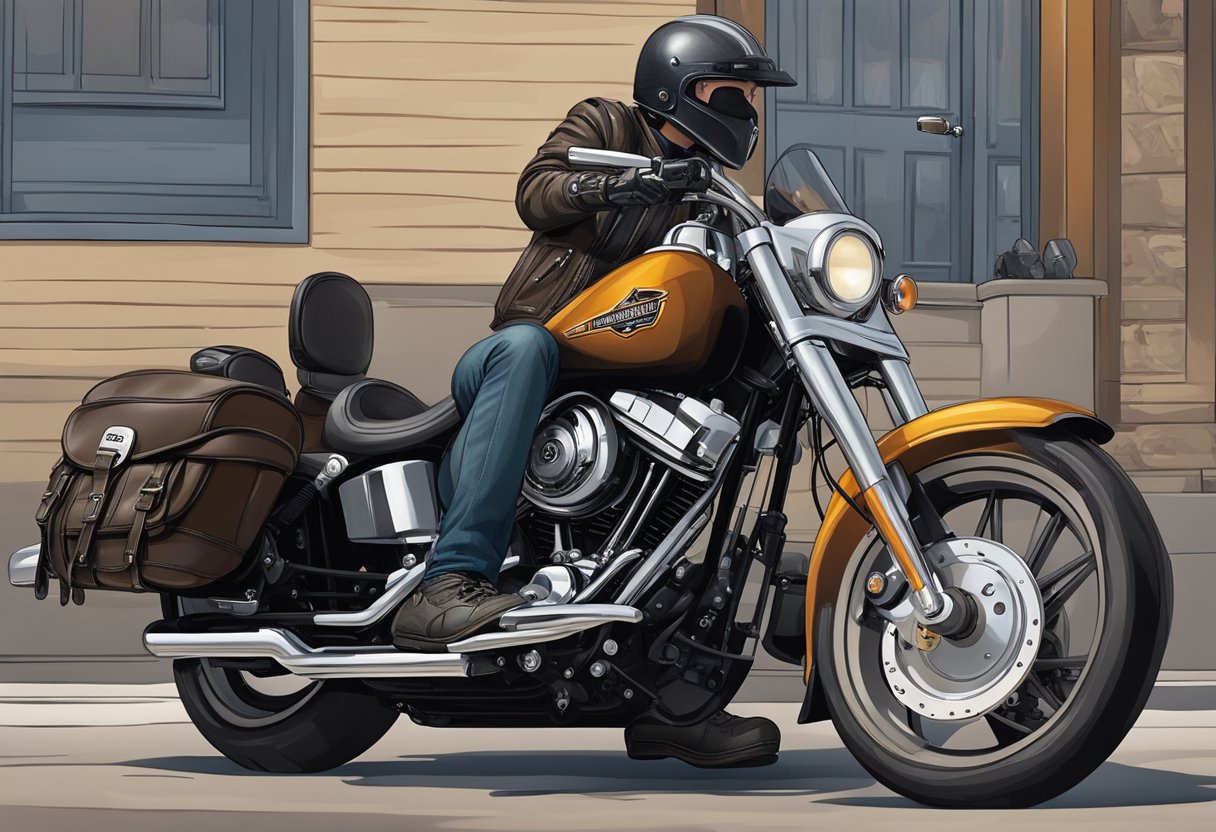A Harley Davidson motorcycle parked in front of a leather-clad rider with a helmet, gloves, and boots, surrounded by riding essentials and gear