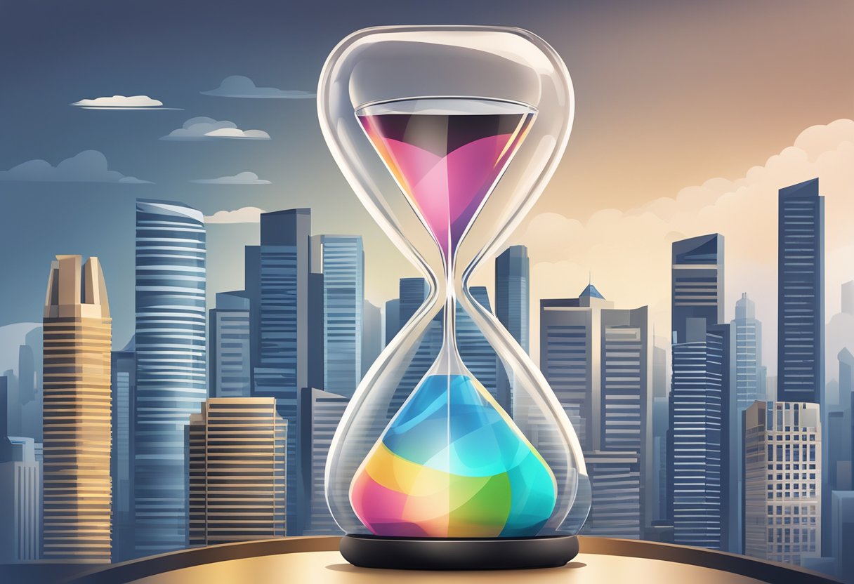 A sleek hourglass sits atop a modern Singapore skyline, symbolizing the timeless innovation of iconic brands
