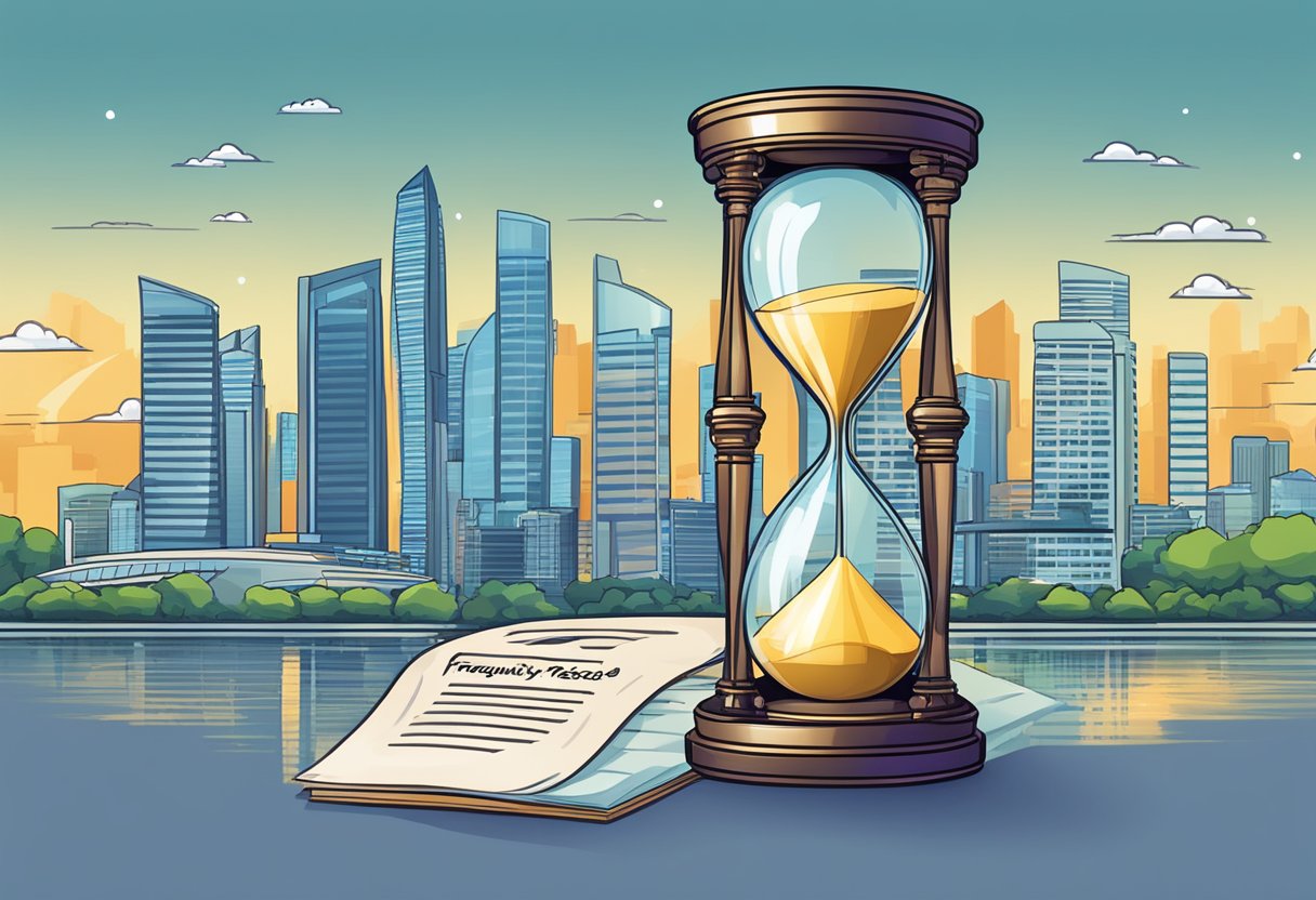 An hourglass with "Frequently Asked Questions" written on it, set against the backdrop of the Singapore skyline