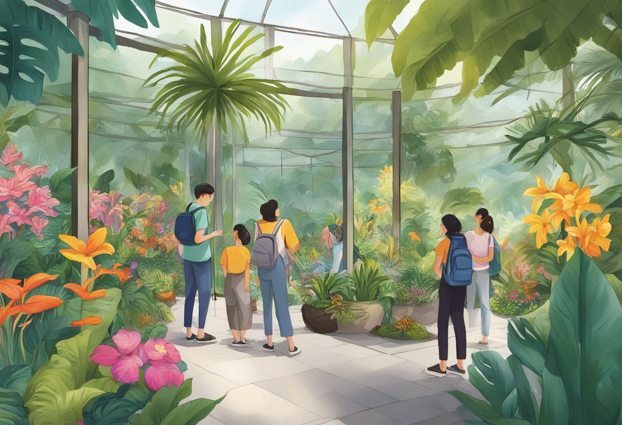 Visitors browse a colorful display of tropical plants and flowers at Lei Garden Singapore, while maps and brochures are available for planning their visit