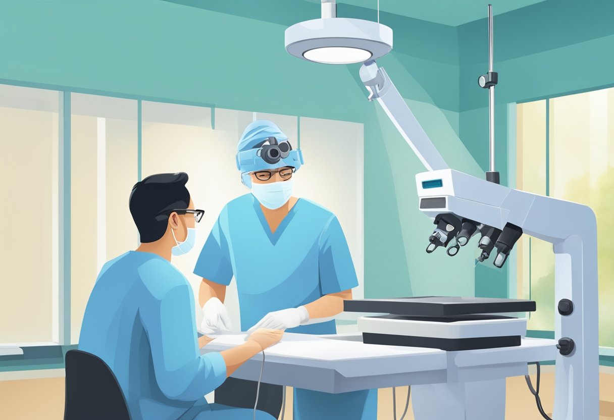 A person in Singapore undergoes LASIK surgery, with the surgeon using advanced technology to reshape the cornea for improved vision