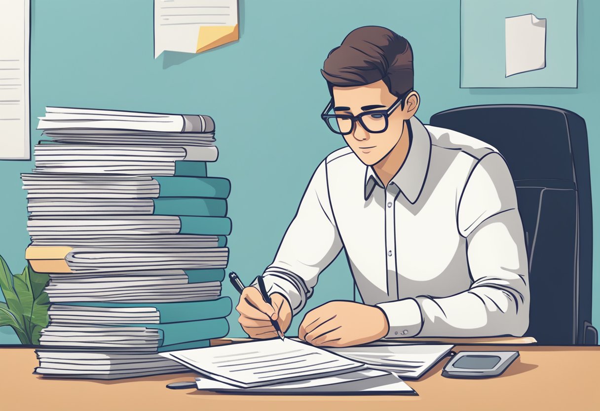 A person sitting at a desk with a computer, surrounded by a stack of papers and a pen, while looking at a list of frequently asked questions about LASIK in Singapore