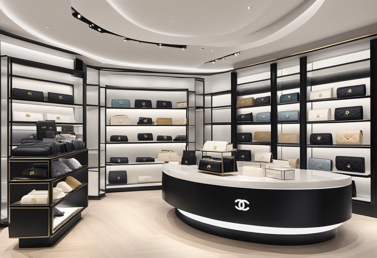 A luxurious Chanel wallet sits on a sleek, modern display shelf in a high-end boutique in Singapore. The wallet's iconic logo and elegant design catch the light, drawing the eye of passersby