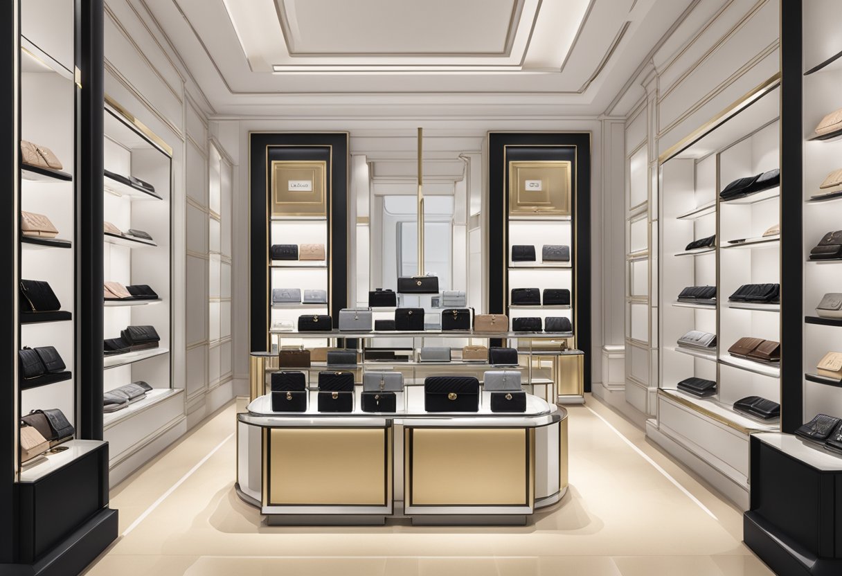 A table displays various Chanel wallets in a luxury boutique in Singapore. The wallets are arranged neatly, showcasing their elegant designs and high-quality materials