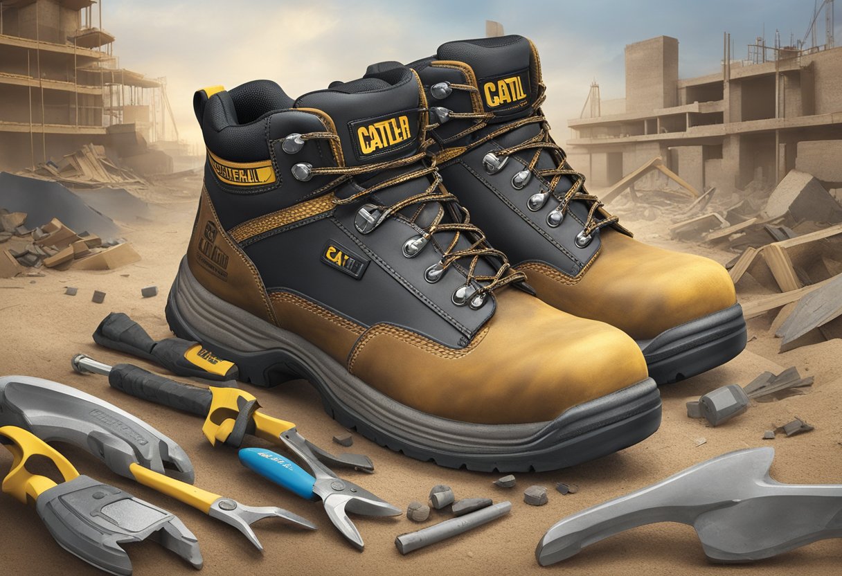 A pair of Caterpillar safety shoes stands on a rugged construction site, surrounded by scattered tools and debris. The shoes are sturdy and durable, with reinforced toe caps and slip-resistant soles, providing protection and support for the wearer