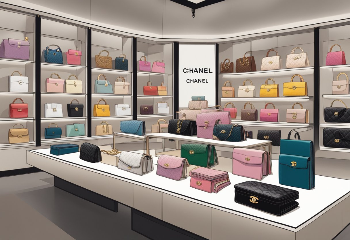 A table displays various Chanel wallets, each showcasing different colors, materials, and designs. A sign reads "Chanel's Diverse Offerings."