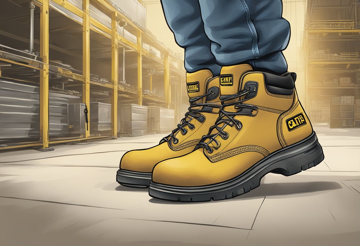 A worker wearing Selection and Maintenance caterpillar safety shoes in a industrial setting