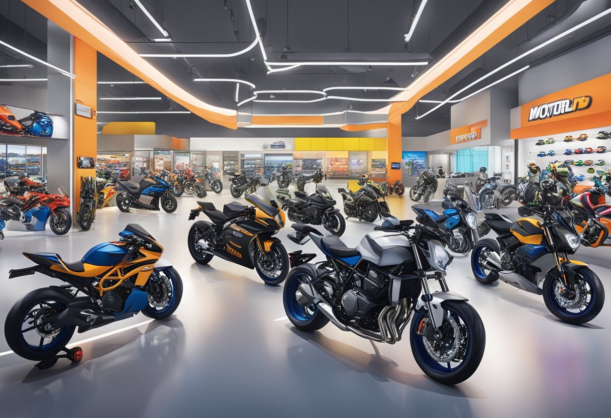 Motoworld Singapore: A bustling showroom with sleek motorcycles, colorful helmets, and shiny riding gear on display. Bright lights and vibrant signage attract visitors