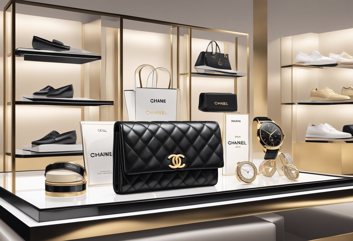 A sleek and stylish Chanel wallet sits on a luxurious display stand, surrounded by other designer accessories