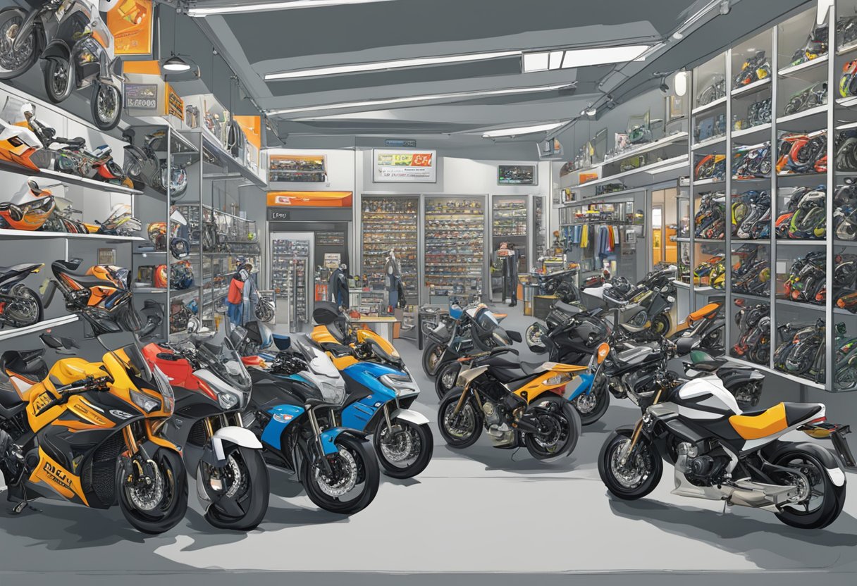 A bustling storefront with "Motoworld Singapore" signage, showcasing a range of motorcycle accessories and gear. Customers browse the shelves, while staff assist with fittings and inquiries