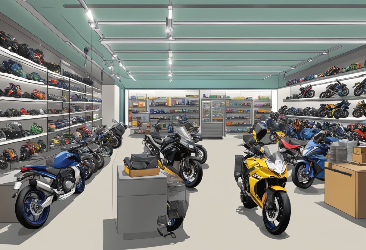 A busy motoworld store in Singapore, with shelves of motorcycle gear and accessories. Customers browse products while staff answer questions