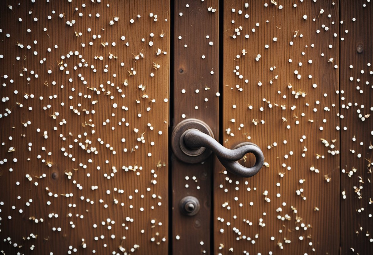 A close-up of a wooden door with small holes and sawdust scattered around, while tiny white insects crawl out from the crevices