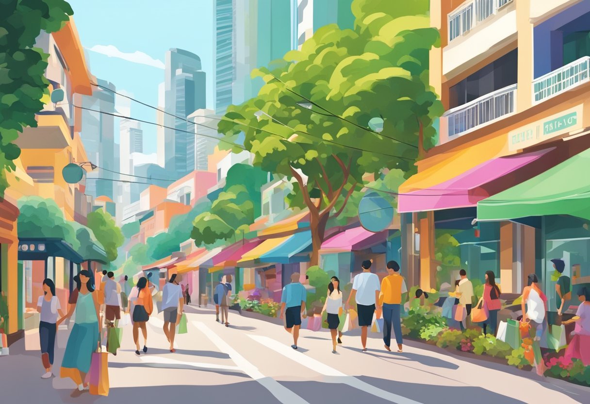 A bustling street in Singapore, with colorful buildings and lush greenery. People walk by, carrying shopping bags and enjoying the vibrant atmosphere