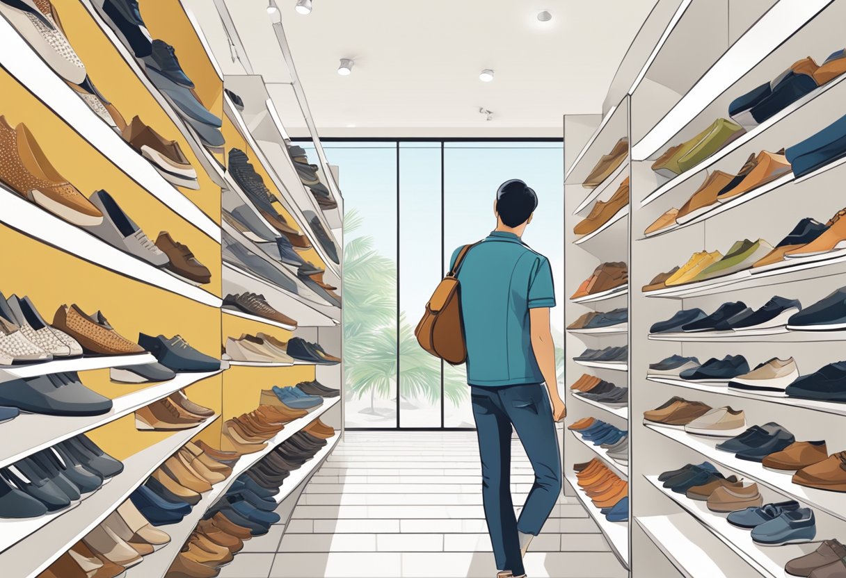 A customer browsing through shelves of shoes at a modern and stylish shoe store in Singapore