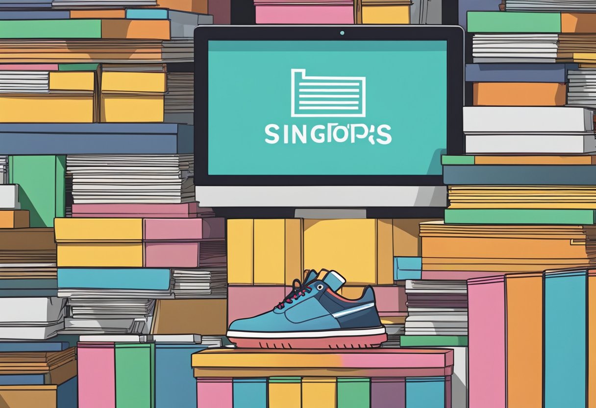 A stack of colorful shoe boxes with "Frequently Asked Questions on shoes singapore" displayed on a computer screen in the background