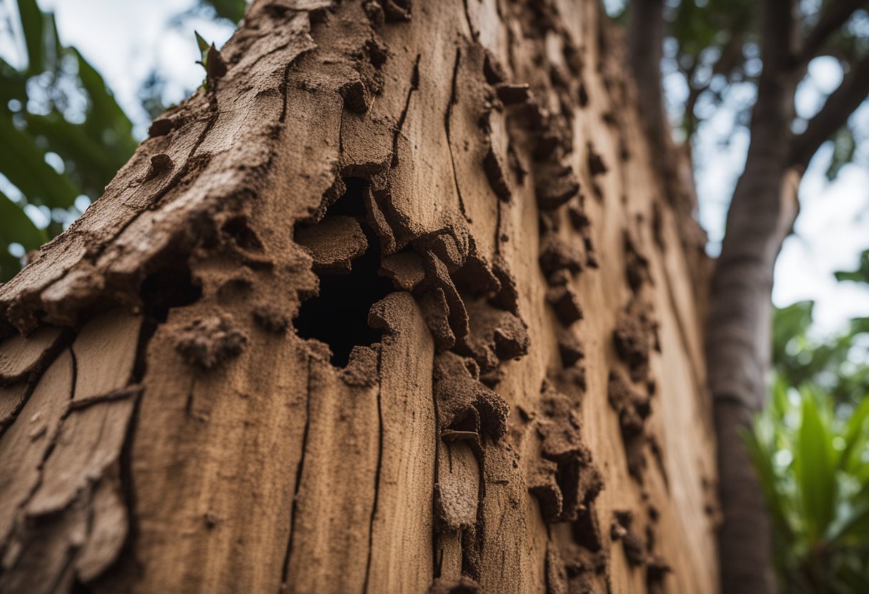 A wooden structure with visible termite tunnels and damage, surrounded by soil and moisture, with a nearby tree infested with termites