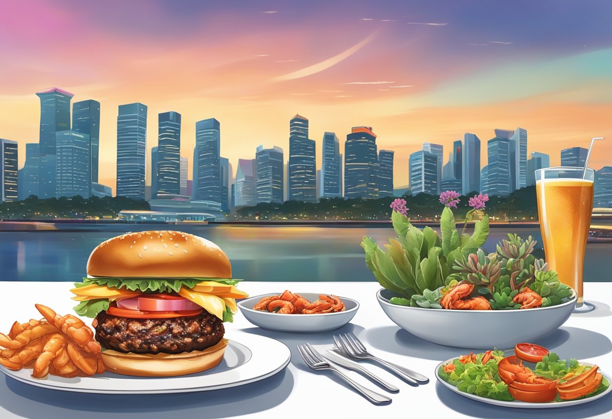 A juicy burger and a succulent lobster sit on a pristine white plate, set against a background of a vibrant and bustling restaurant in Singapore