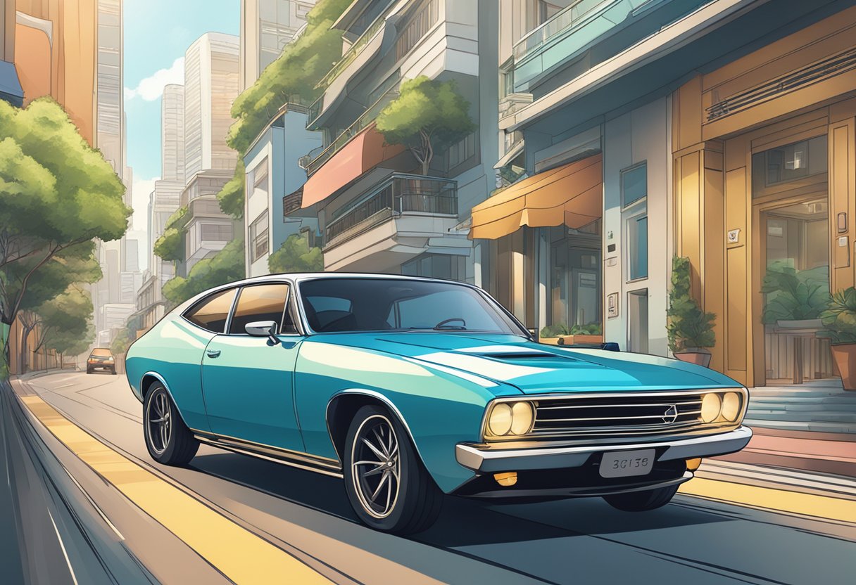 A sleek car driving through the streets of Singapore, with a financial contract being signed in the background
